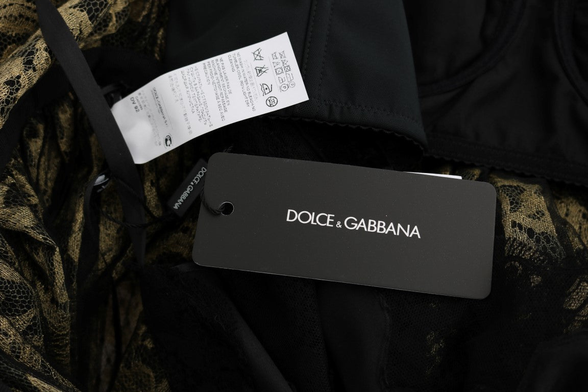 Robe droite en dentelle noire et jaune à cristaux Dolce &amp; Gabbana
