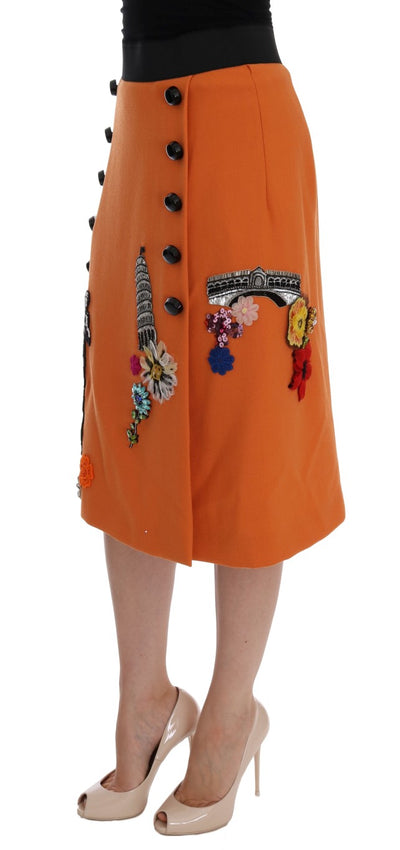 Dolce &amp; Gabbana oranje wollen rok met kristallen paillettenapplicaties