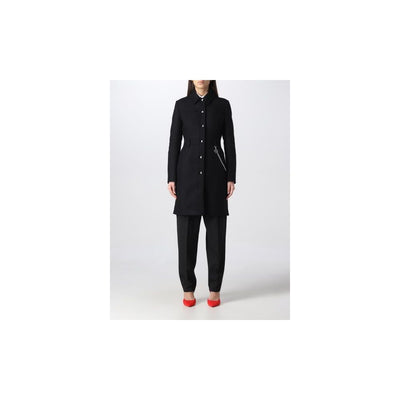 Love Moschino Elegante zwarte wollen jas met zilveren kettingdetail