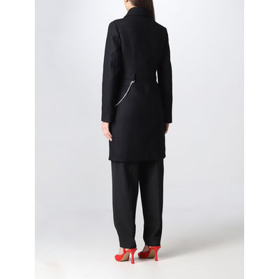 Love Moschino Elegante zwarte wollen jas met zilveren kettingdetail