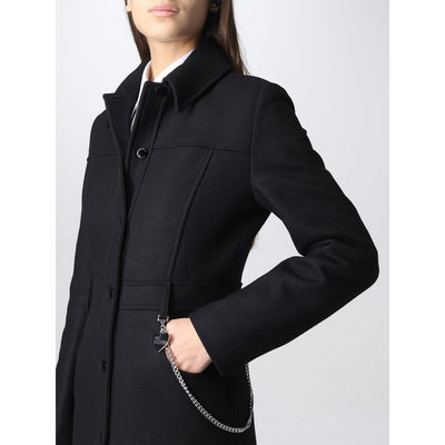 Love Moschino Elegante zwarte wollen jas met zilveren kettingdetail