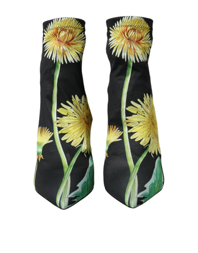 Bottines en jersey extensible noir à fleurs Dolce &amp; Gabbana