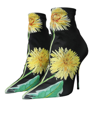 Bottines en jersey extensible noir à fleurs Dolce &amp; Gabbana