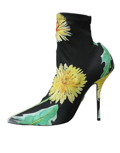 Bottines en jersey extensible noir à fleurs Dolce &amp; Gabbana