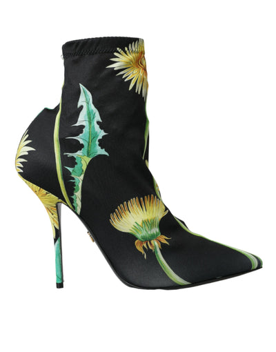 Bottines en jersey extensible noir à fleurs Dolce &amp; Gabbana