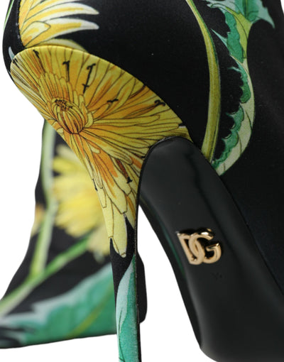 Bottines en jersey extensible noir à fleurs Dolce &amp; Gabbana