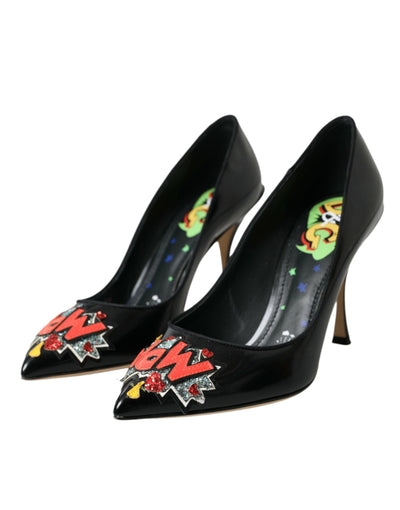 Dolce &amp; Gabbana Zwarte Leren WOW Patch Hakken Pumps Schoenen