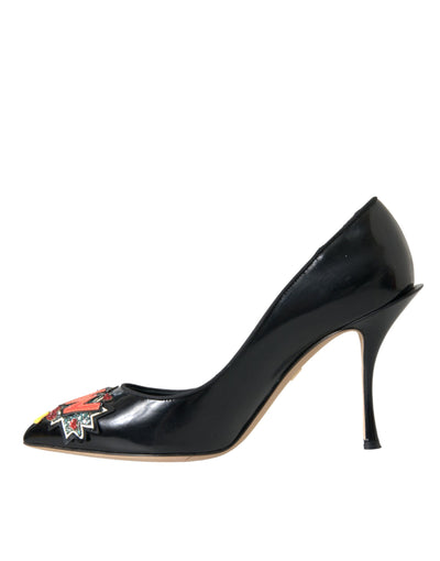 Dolce &amp; Gabbana Zwarte Leren WOW Patch Hakken Pumps Schoenen