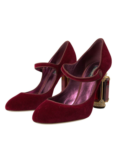 Dolce &amp; Gabbana Red Velvet Gold Crystals Hakken Mary Jane Schoenen