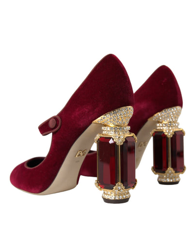 Dolce &amp; Gabbana Red Velvet Gold Crystals Hakken Mary Jane Schoenen