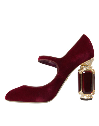 Dolce &amp; Gabbana Red Velvet Gold Crystals Hakken Mary Jane Schoenen