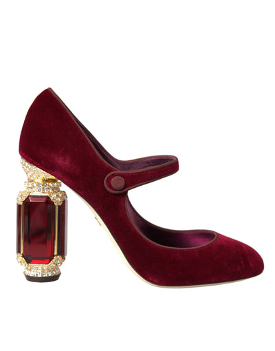 Dolce &amp; Gabbana Red Velvet Gold Crystals Hakken Mary Jane Schoenen