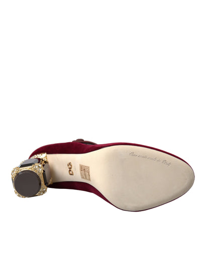 Dolce &amp; Gabbana Red Velvet Gold Crystals Hakken Mary Jane Schoenen
