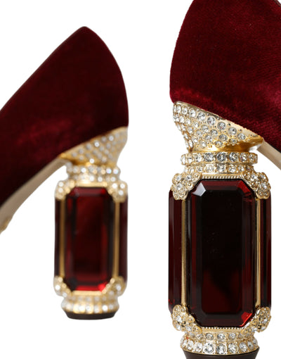 Dolce &amp; Gabbana Red Velvet Gold Crystals Hakken Mary Jane Schoenen