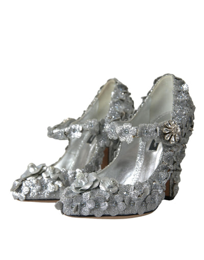 Dolce &amp; Gabbana Zilveren Bloemen Kristal Mary Jane Pumps Schoenen