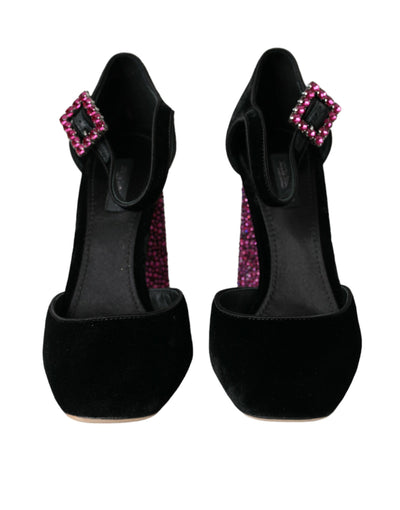 Dolce &amp; Gabbana Black Velvet Strass Crystal Mary Janes-schoenen