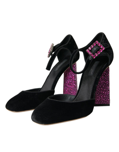 Dolce &amp; Gabbana Black Velvet Strass Crystal Mary Janes-schoenen