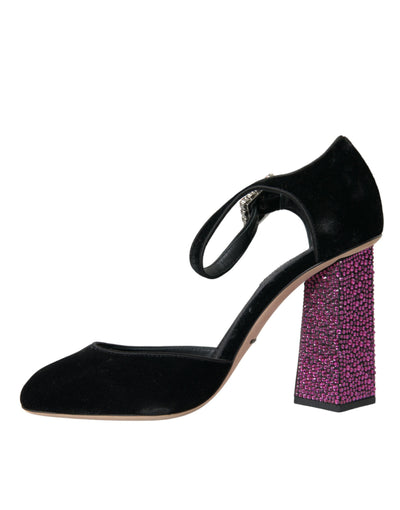Dolce &amp; Gabbana Black Velvet Strass Crystal Mary Janes-schoenen