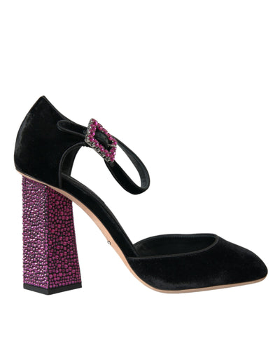 Dolce &amp; Gabbana Black Velvet Strass Crystal Mary Janes-schoenen