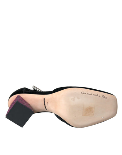 Dolce &amp; Gabbana Black Velvet Strass Crystal Mary Janes-schoenen