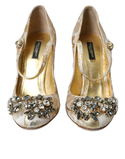 Dolce &amp; Gabbana Gold Jacquard Crystal Mary Janes Pumps Schoenen