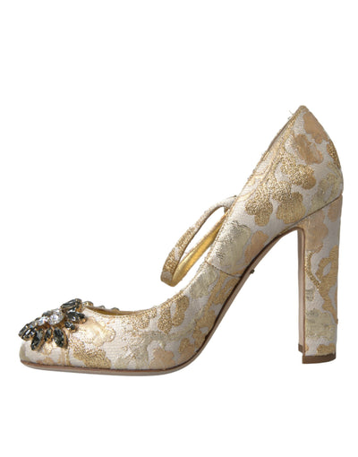 Dolce &amp; Gabbana Gold Jacquard Crystal Mary Janes Pumps Schoenen