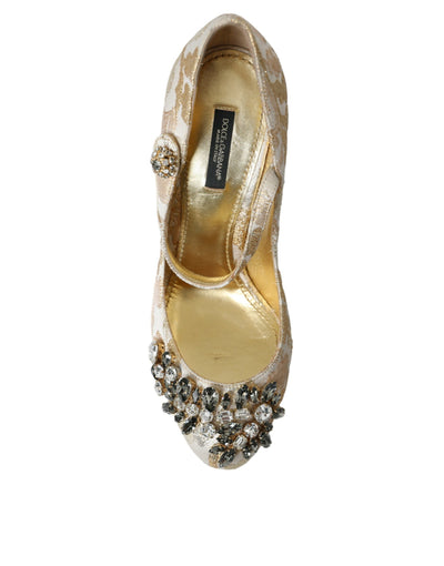 Dolce &amp; Gabbana Gold Jacquard Crystal Mary Janes Pumps Schoenen