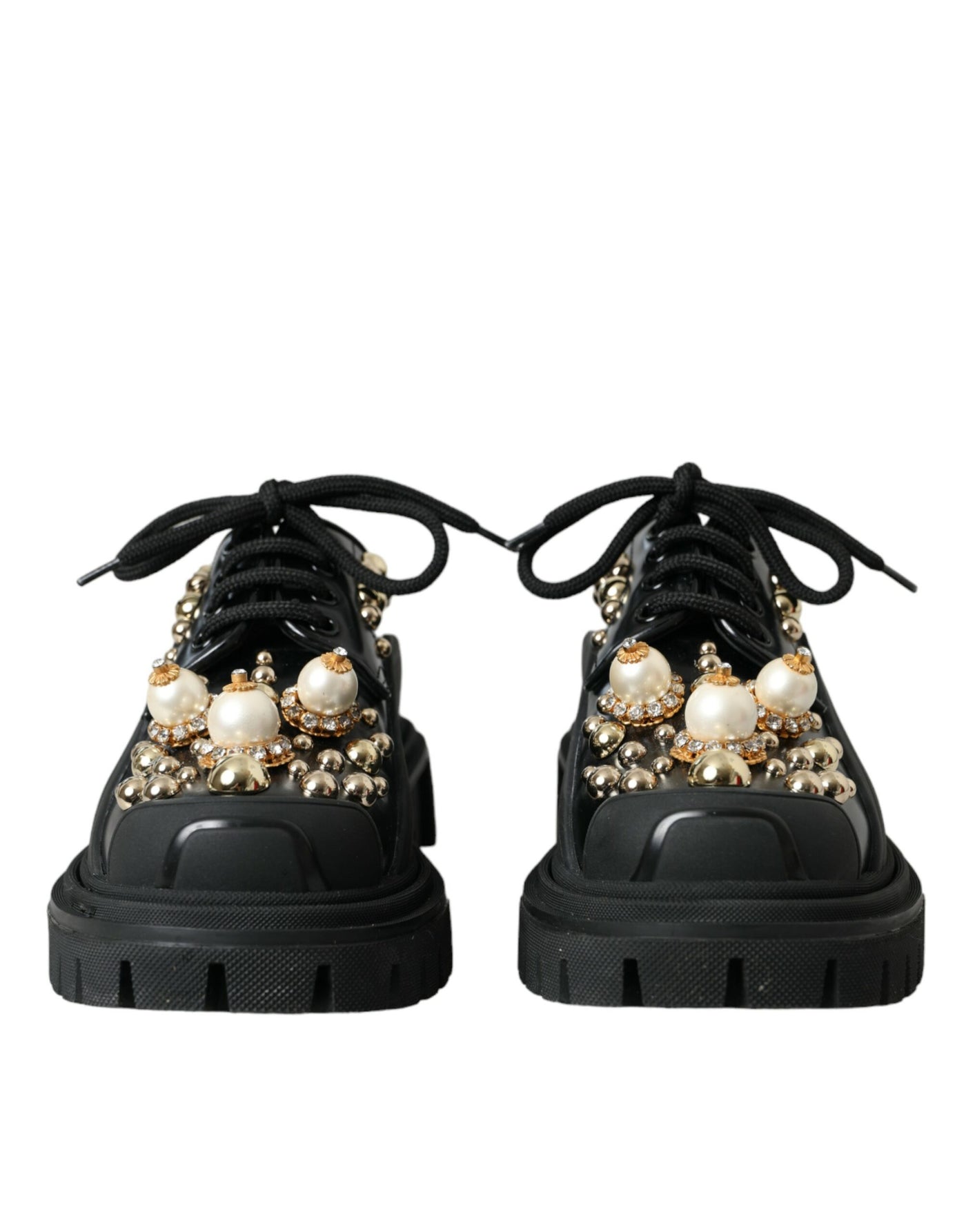 Dolce &amp; Gabbana Zwarte Leren Trekking Derby Versierde Schoenen