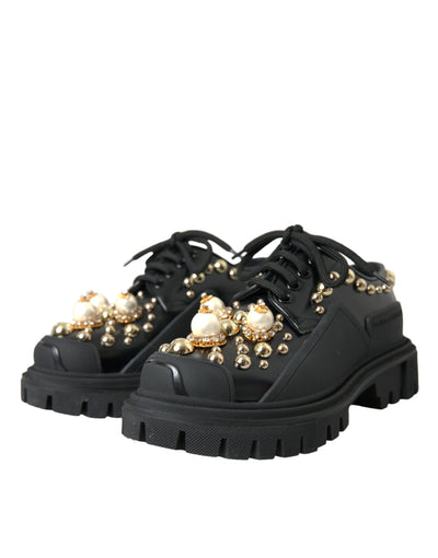 Dolce &amp; Gabbana Zwarte Leren Trekking Derby Versierde Schoenen