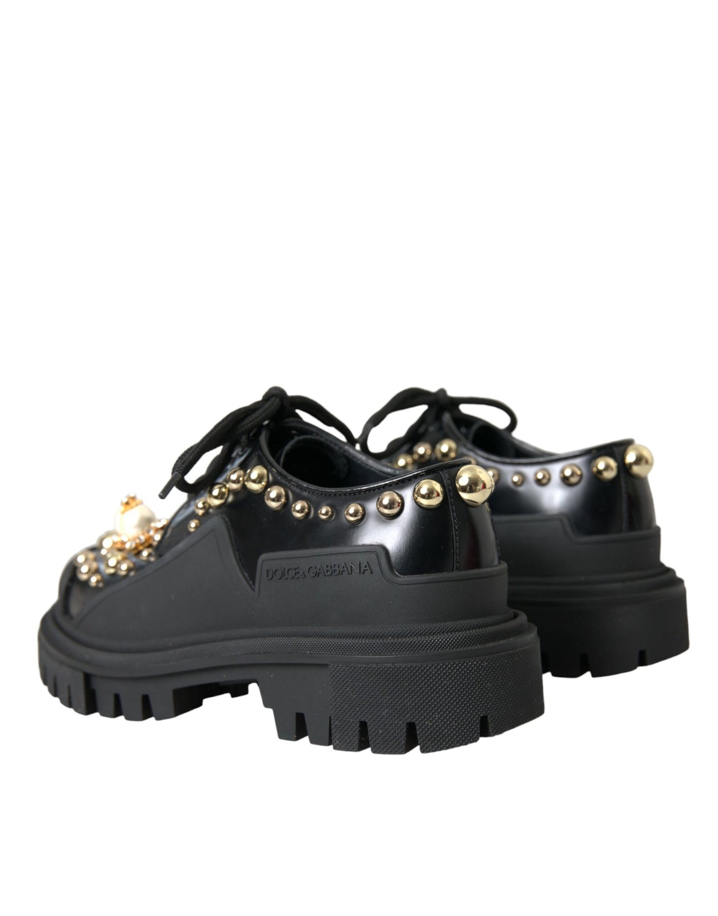 Dolce &amp; Gabbana Zwarte Leren Trekking Derby Versierde Schoenen