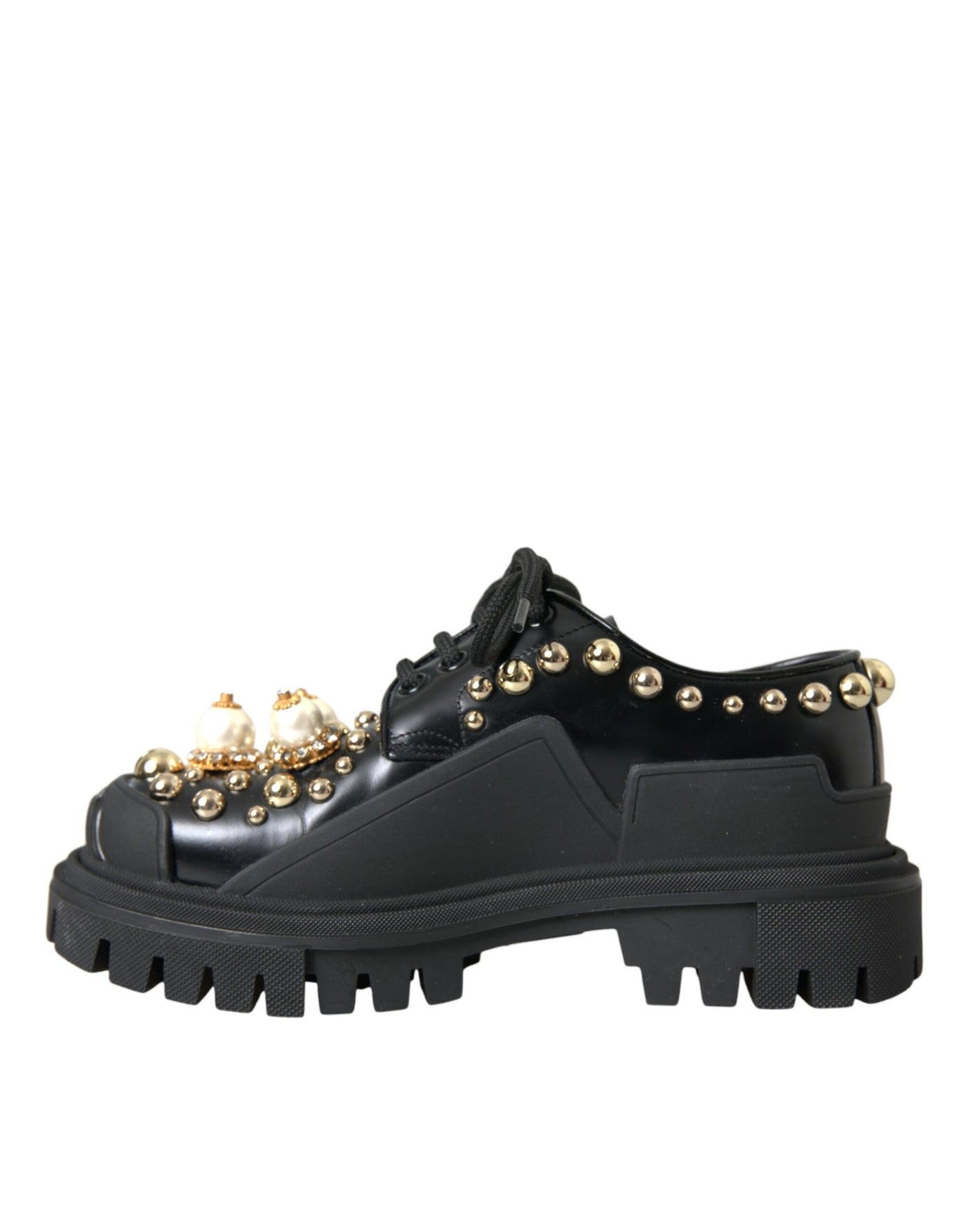 Dolce &amp; Gabbana Zwarte Leren Trekking Derby Versierde Schoenen