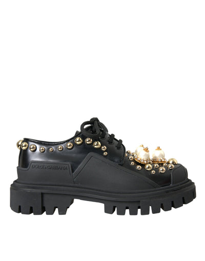 Dolce &amp; Gabbana Zwarte Leren Trekking Derby Versierde Schoenen