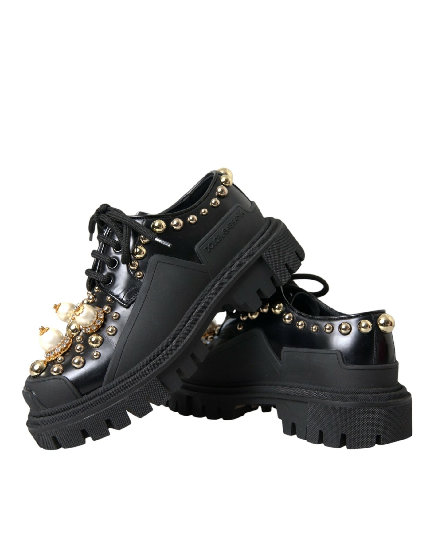 Dolce &amp; Gabbana Zwarte Leren Trekking Derby Versierde Schoenen