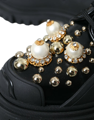 Dolce &amp; Gabbana Zwarte Leren Trekking Derby Versierde Schoenen