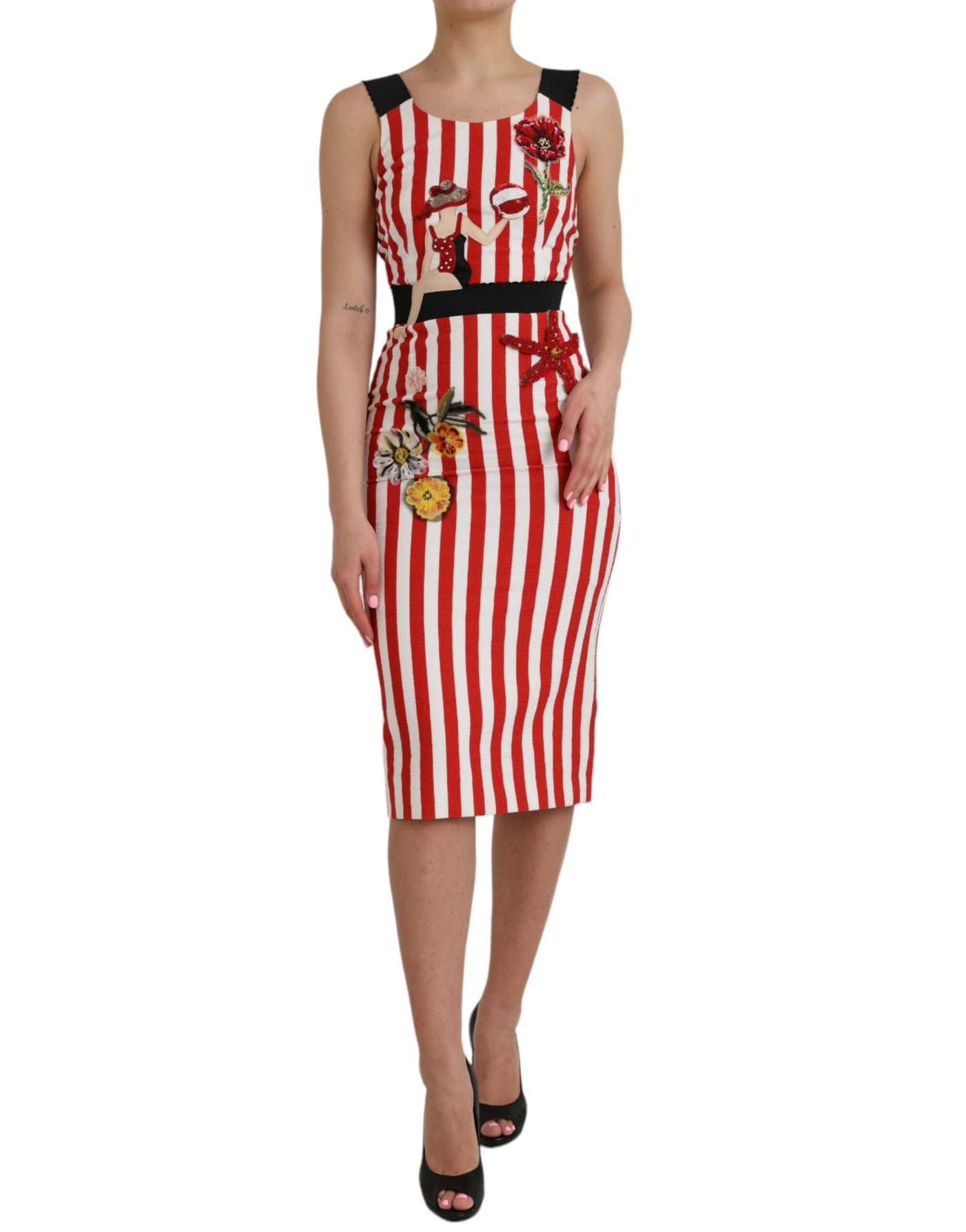 Robe fourreau mi-longue sans manches à fleurs rouges et blanches Dolce &amp; Gabbana