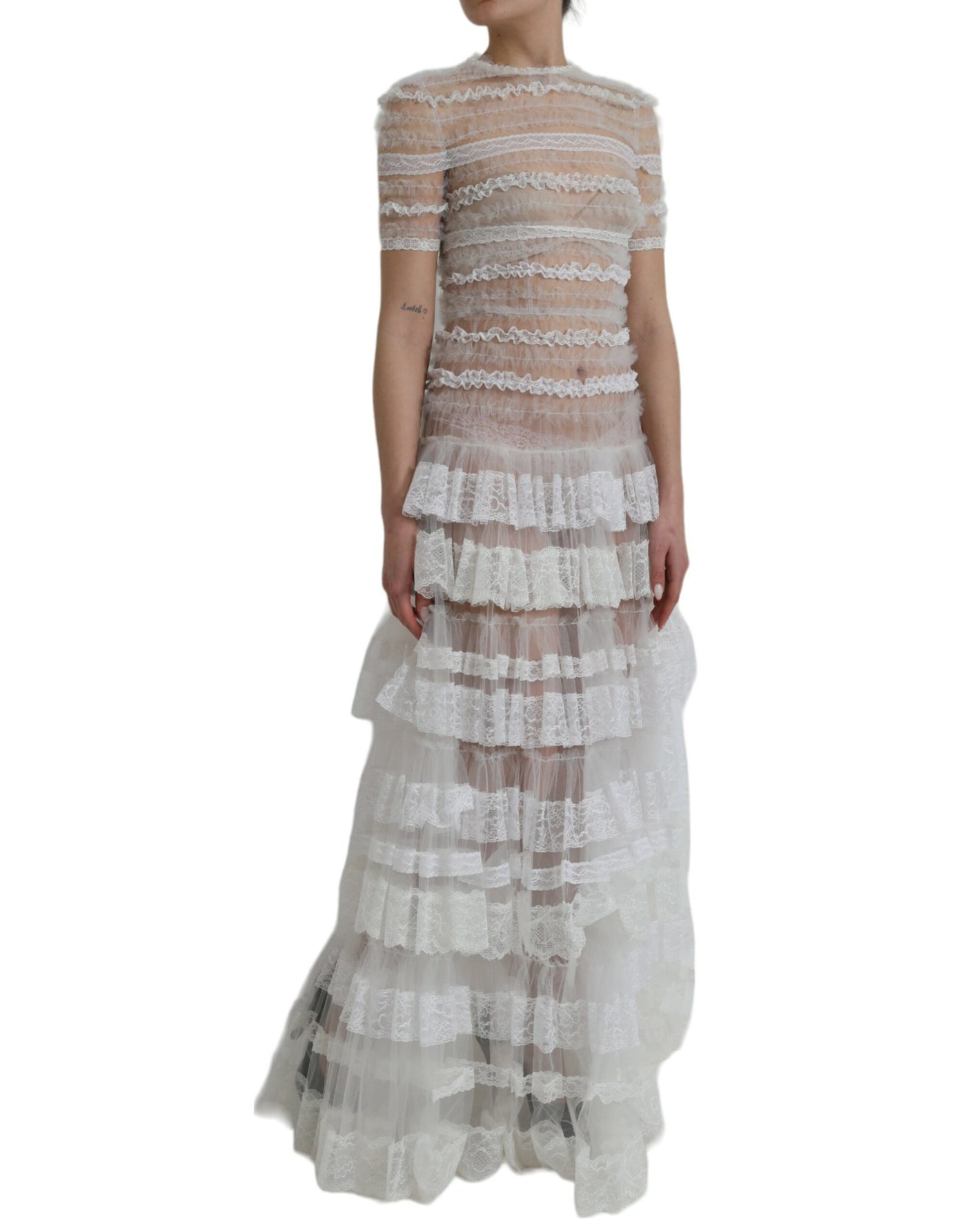 Robe longue en nylon blanc transparent à volants et dentelle Dolce &amp; Gabbana