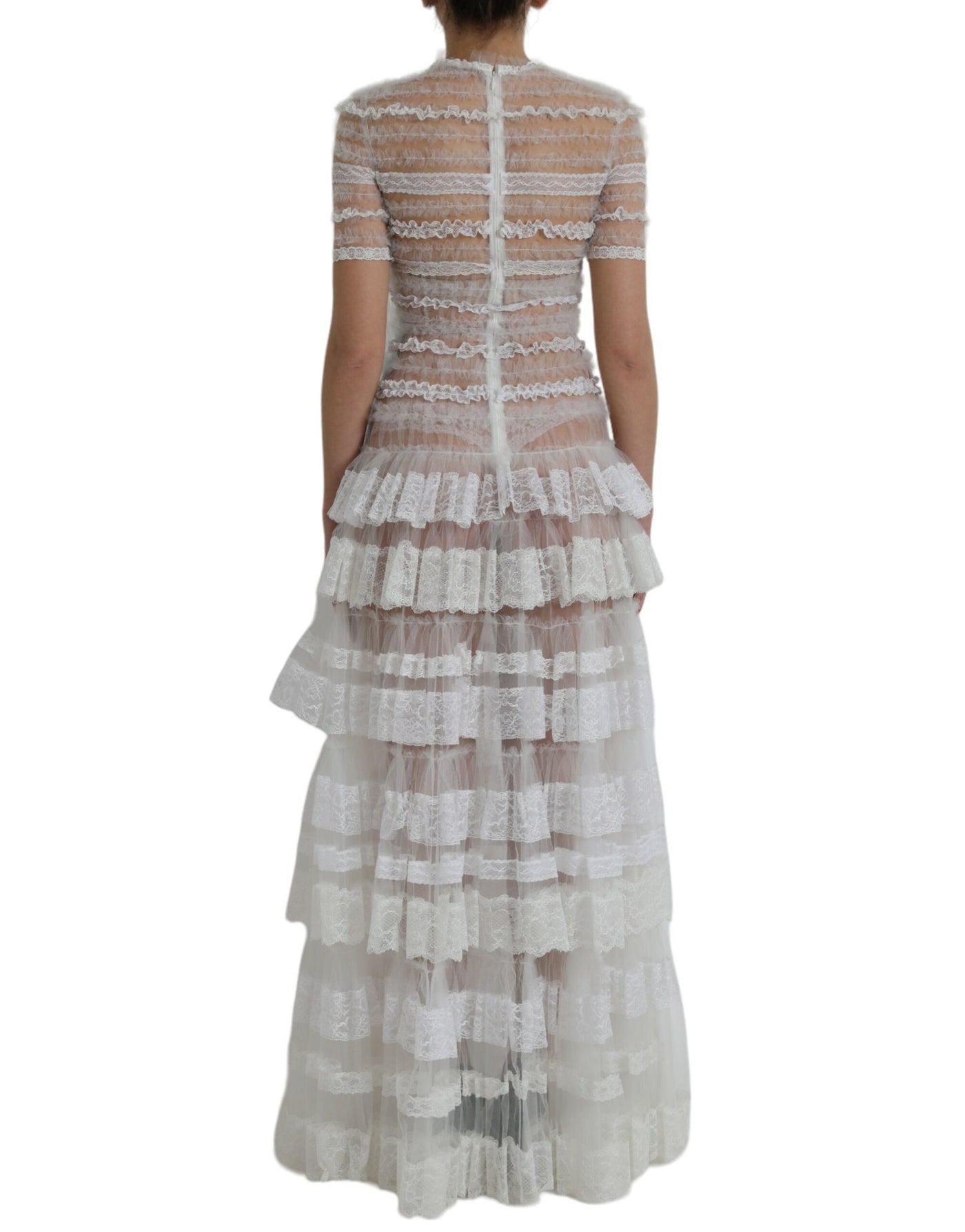 Robe longue en nylon blanc transparent à volants et dentelle Dolce &amp; Gabbana