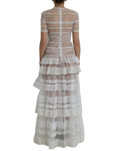 Robe longue en nylon blanc transparent à volants et dentelle Dolce &amp; Gabbana