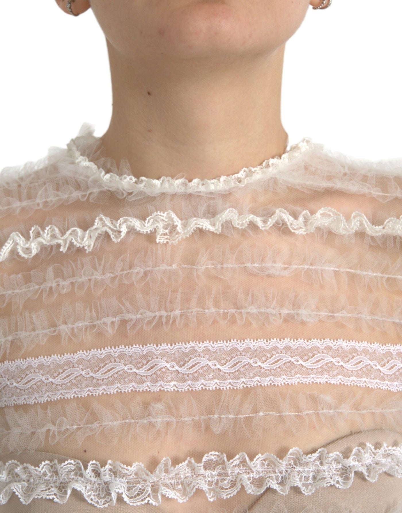Robe longue en nylon blanc transparent à volants et dentelle Dolce &amp; Gabbana