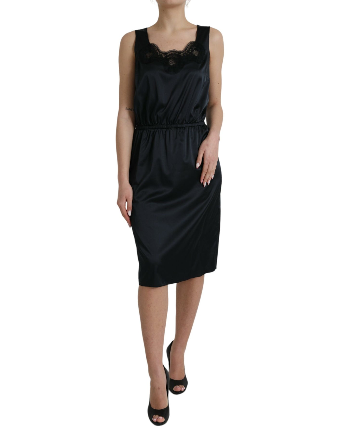 Robe mi-longue fourreau noire en polyester et dentelle Dolce &amp; Gabbana