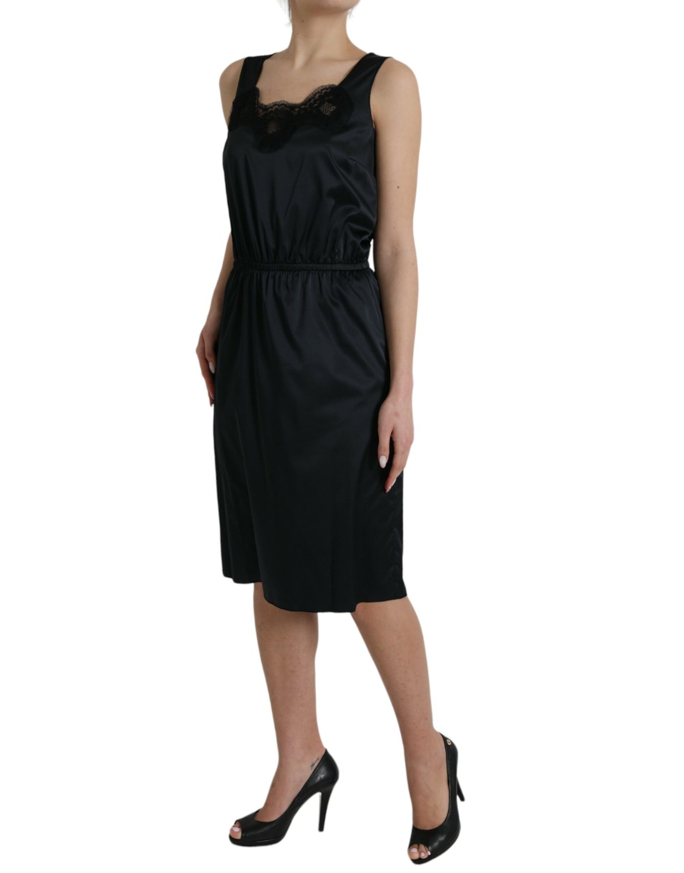 Robe mi-longue fourreau noire en polyester et dentelle Dolce &amp; Gabbana