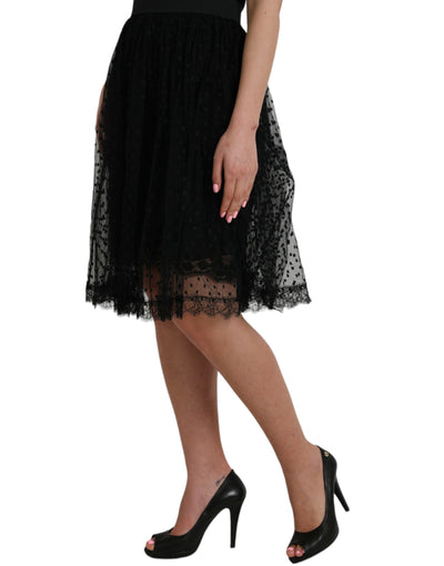 Jupe trapèze taille haute en nylon noir avec bordure en dentelle Dolce &amp; Gabbana