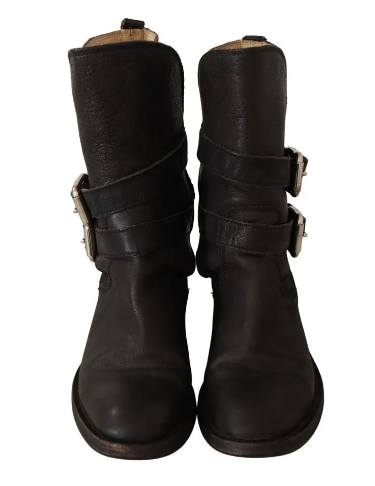 Bottes mi-mollet à boucle en cuir noir Dolce &amp; Gabbana