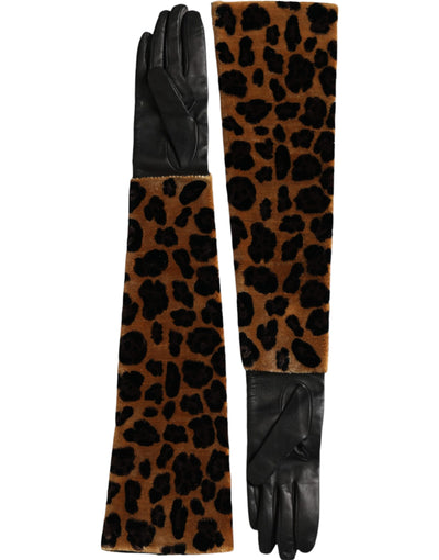 Gants Dolce &amp; Gabbana en cuir marron et noir léopard, longueur coude