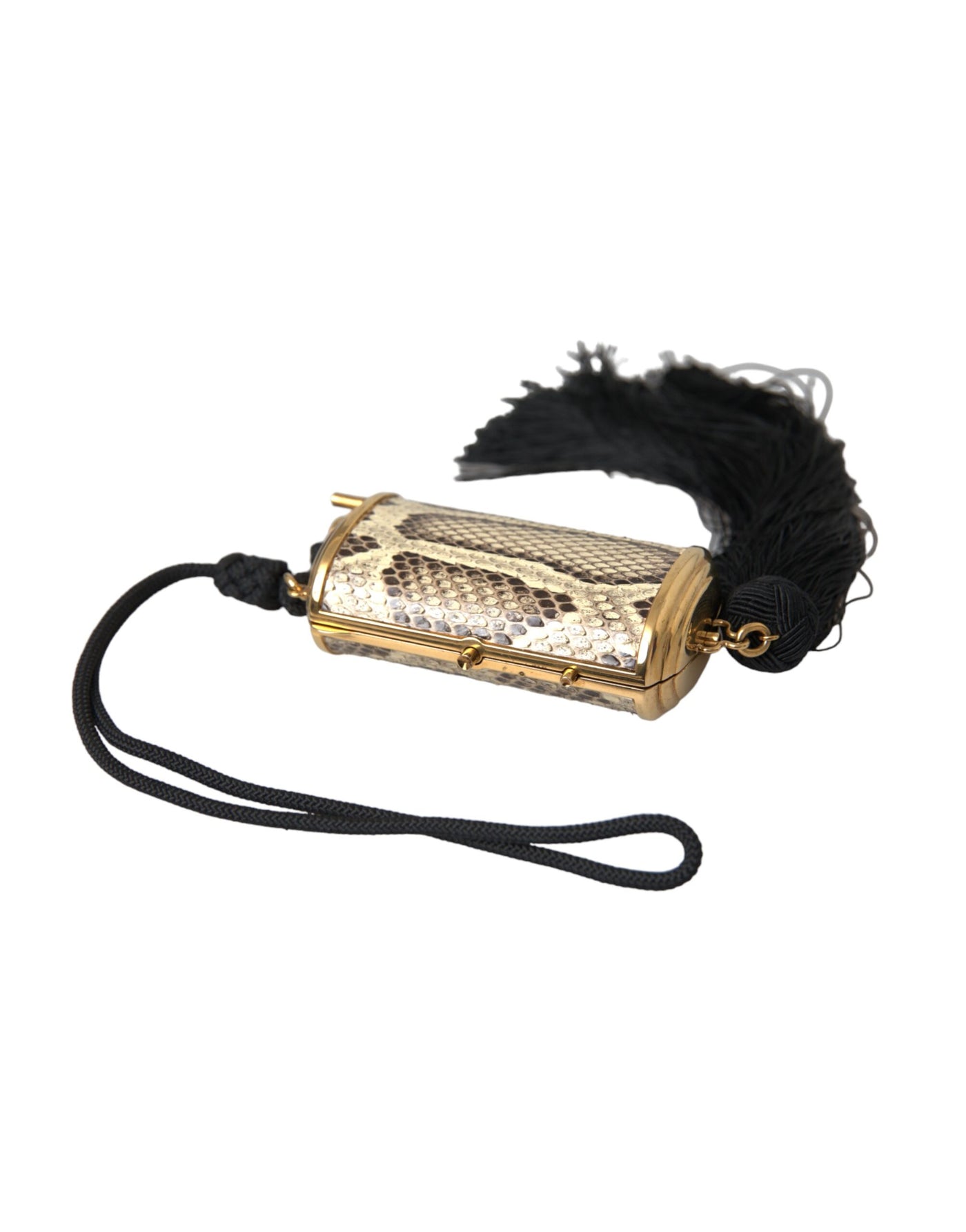 Mini trousse à maquillage à pompon et miroir en cuir exotique beige Dolce &amp; Gabbana