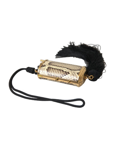 Mini trousse à maquillage à pompon et miroir en cuir exotique beige Dolce &amp; Gabbana