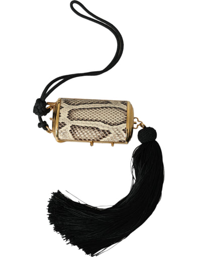 Mini trousse à maquillage à pompon et miroir en cuir exotique beige Dolce &amp; Gabbana