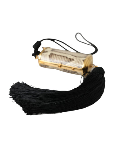 Mini trousse à maquillage à pompon et miroir en cuir exotique beige Dolce &amp; Gabbana