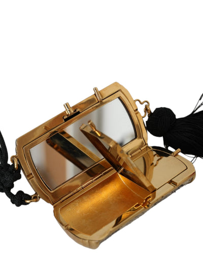 Mini trousse à maquillage à pompon et miroir en cuir exotique beige Dolce &amp; Gabbana