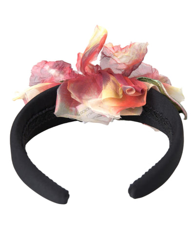 Dolce &amp; Gabbana Rose Pink Zijden Bloemen Zwarte Tiara Dames Haarband Diadeem